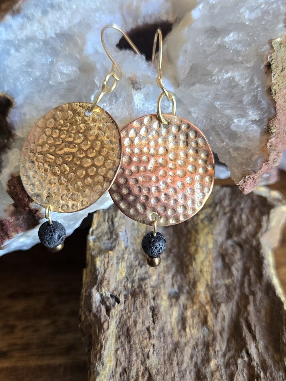 Copper Aromatherapy Earrings | Repurposed Hammered Copper Disc & Lava Stone Diff